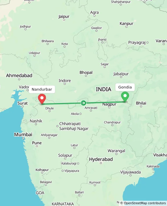Route map showing distance and travel time from Gondia, India to Nandurbar, India