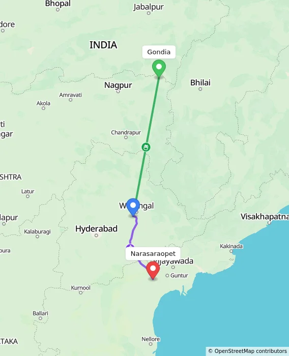 Route map showing distance and travel time from Gondia, India to Narasaraopet, India