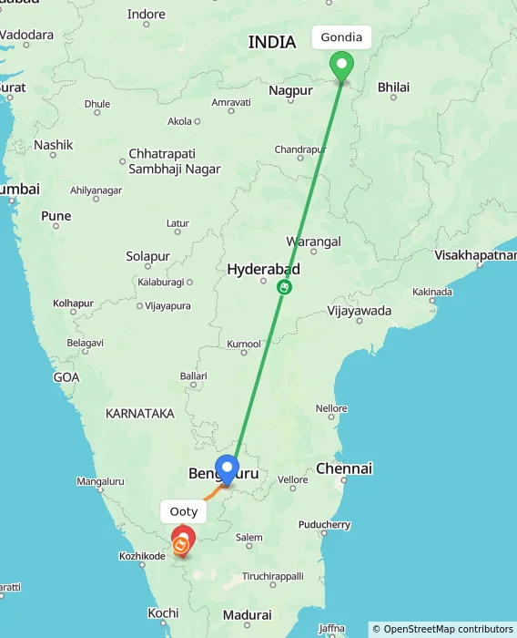 Route map showing distance and travel time from Gondia, India to Ooty, India