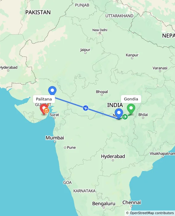 Route map showing distance and travel time from Gondia, India to Palitana, India