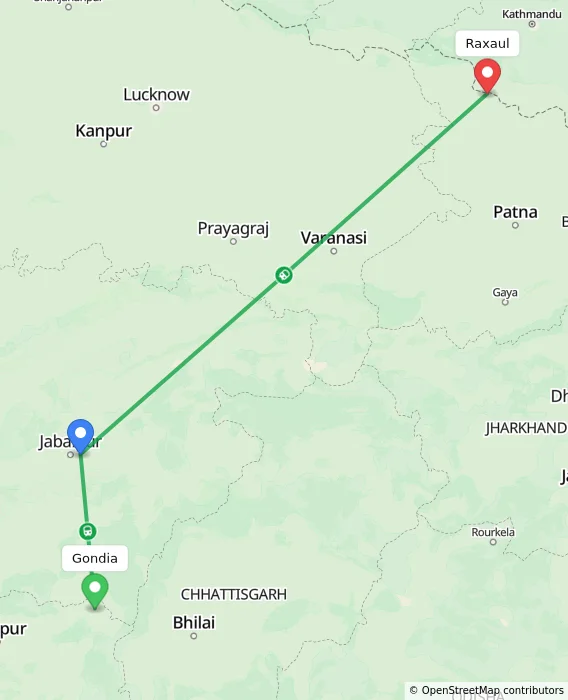 Route map showing distance and travel time from Gondia, India to Raxaul, India