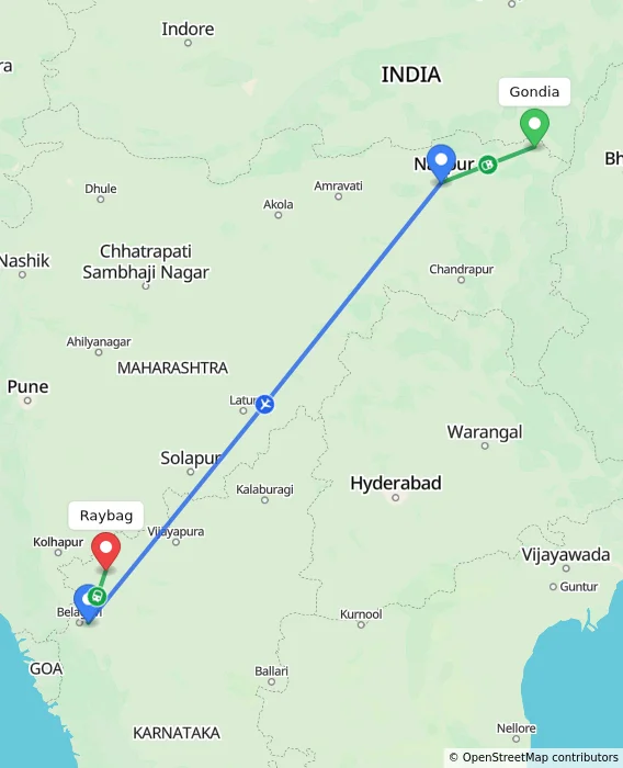 Route map showing distance and travel time from Gondia, India to Raybag, India