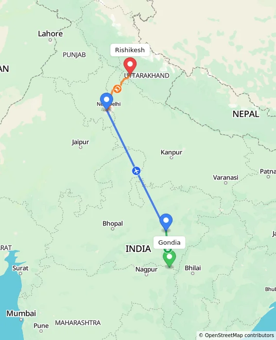Route map showing distance and travel time from Gondia, India to Rishikesh, India