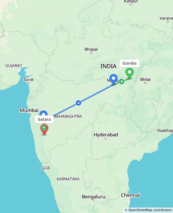 Route map showing distance and travel time from Gondia, India to Satara, India