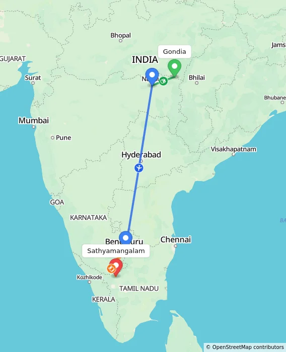 Route map showing distance and travel time from Gondia, India to Sathyamangalam, India