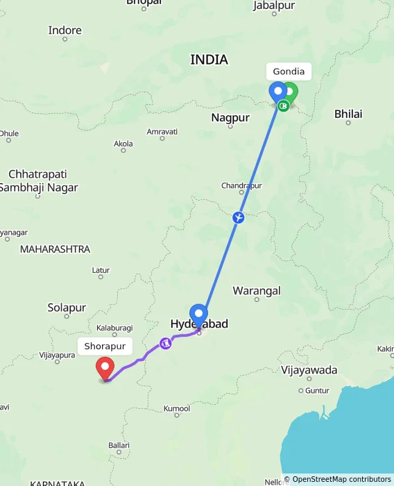 Route map showing distance and travel time from Gondia, India to Shorapur, India