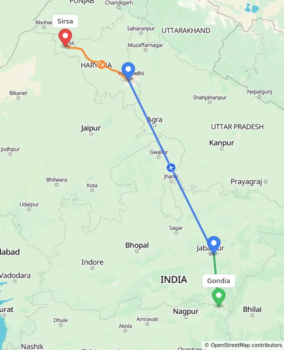 Route map showing distance and travel time from Gondia, India to Sirsa, India