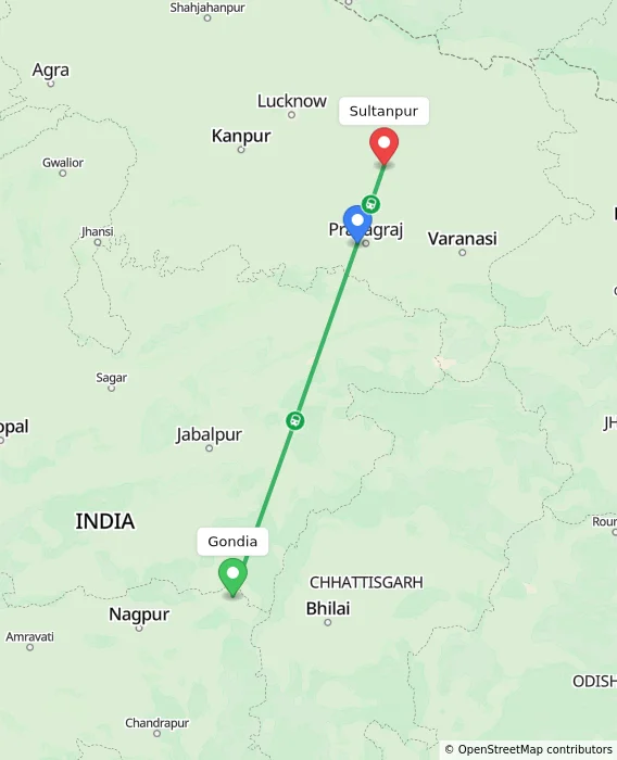 Route map showing distance and travel time from Gondia, India to Sultanpur, India