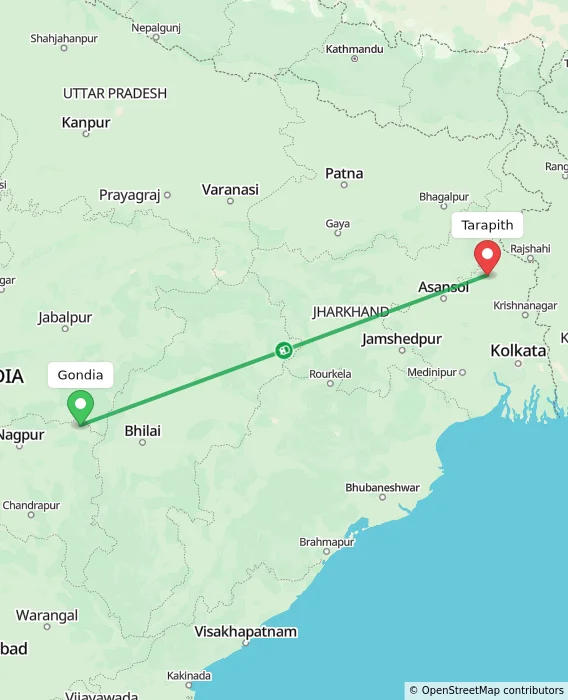 Route map showing distance and travel time from Gondia, India to Tarapith, India