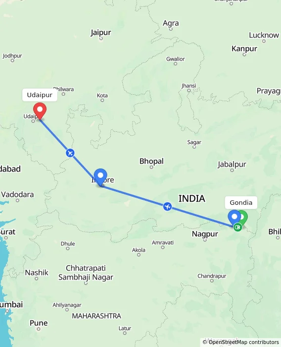 Route map showing distance and travel time from Gondia, India to Udaipur, India