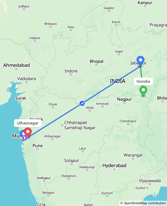 Route map showing distance and travel time from Gondia, India to Ulhasnagar, India