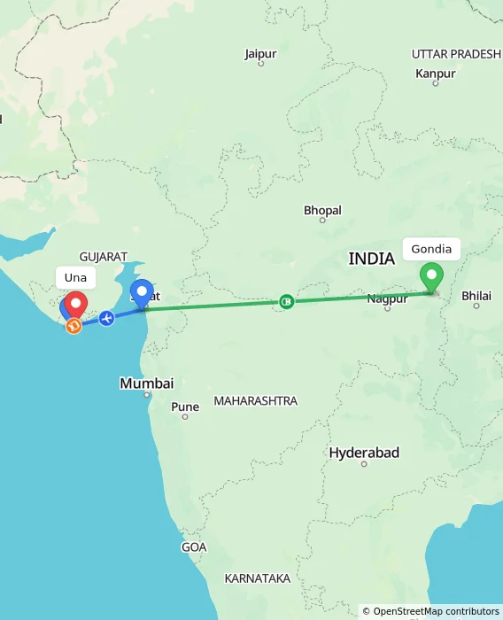 Route map showing distance and travel time from Gondia, India to Una, India