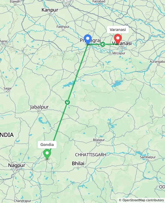 Route map showing distance and travel time from Gondia, India to Varanasi, India