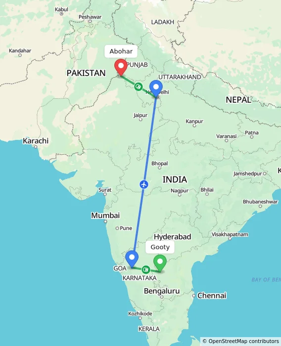 Route map showing distance and travel time from Gooty, India to Abohar, India