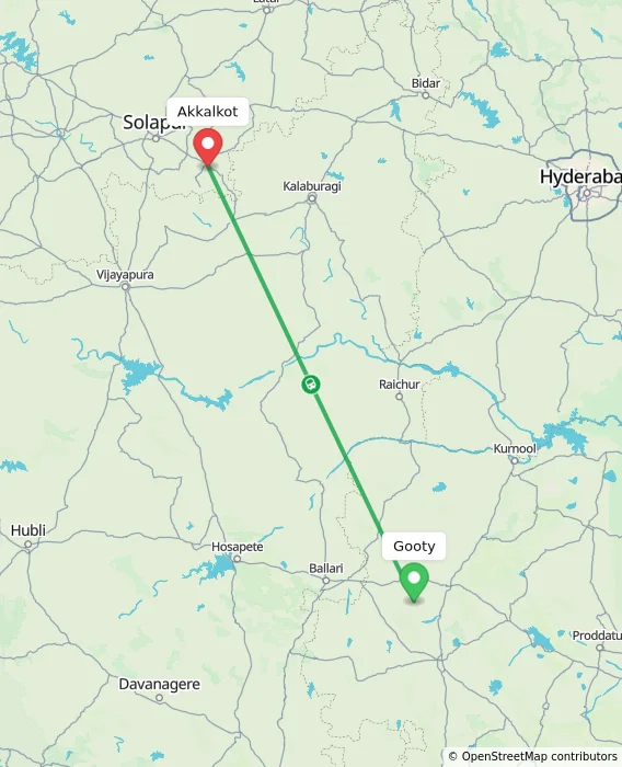 Route map showing distance and travel time from Gooty, India to Akkalkot, India