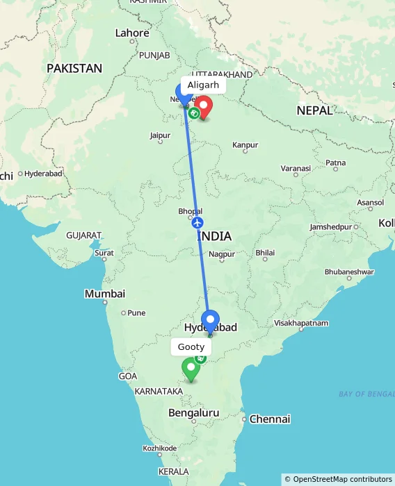 Route map showing distance and travel time from Gooty, India to Aligarh, India