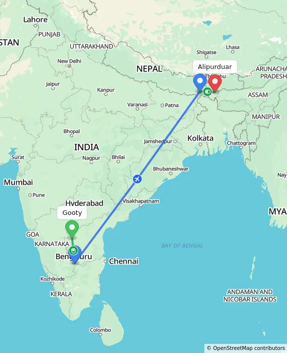 Route map showing distance and travel time from Gooty, India to Alipurduar, India