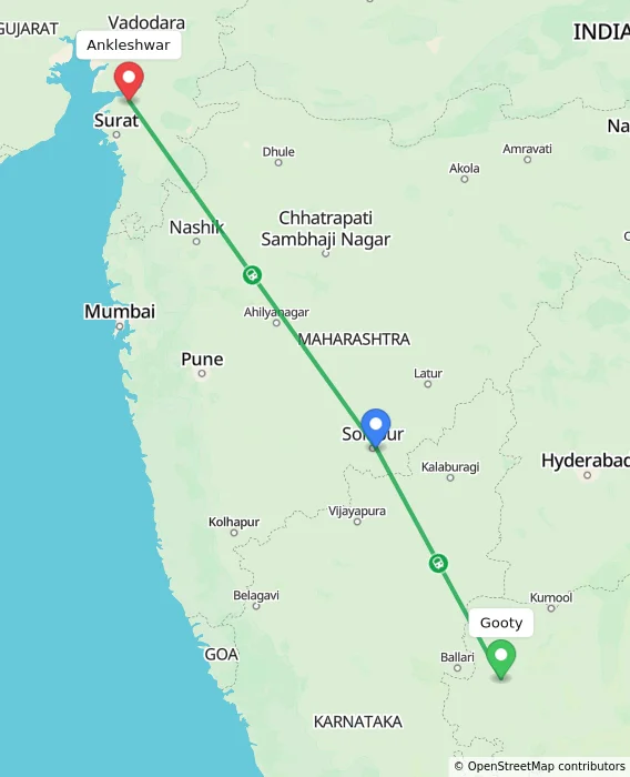 Route map showing distance and travel time from Gooty, India to Ankleshwar, India