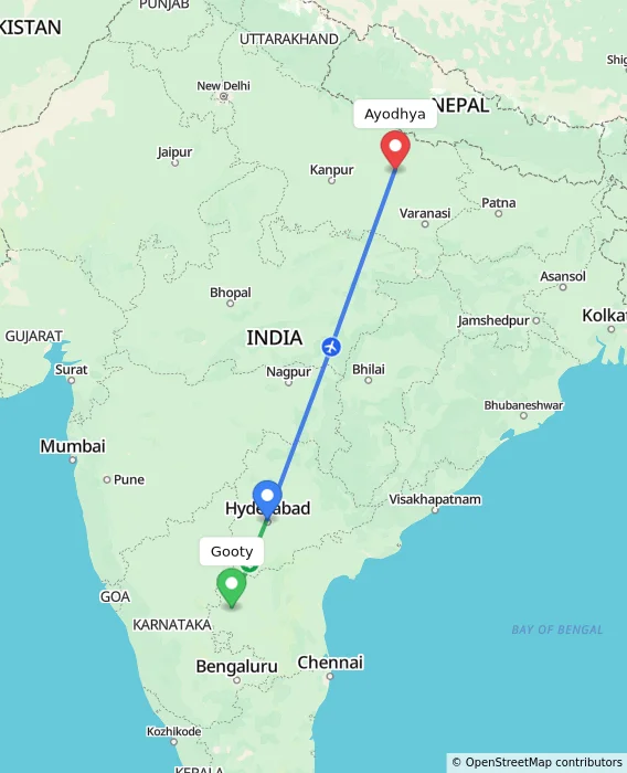 Route map showing distance and travel time from Gooty, India to Ayodhya, India