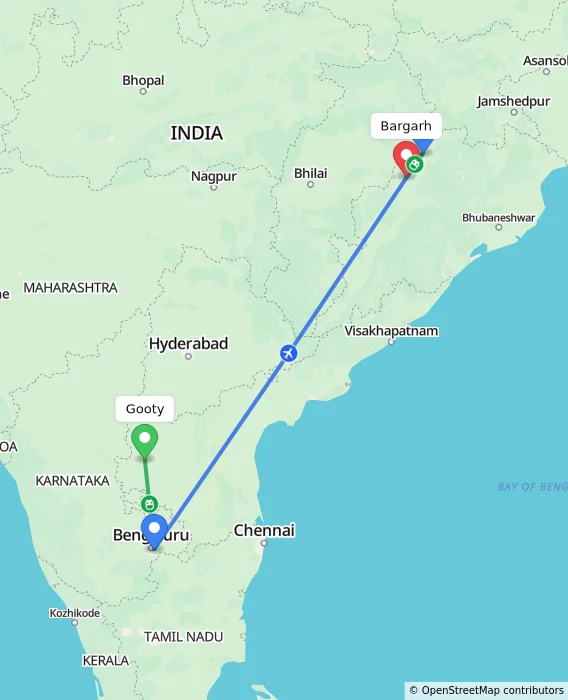 Route map showing distance and travel time from Gooty, India to Bargarh, India