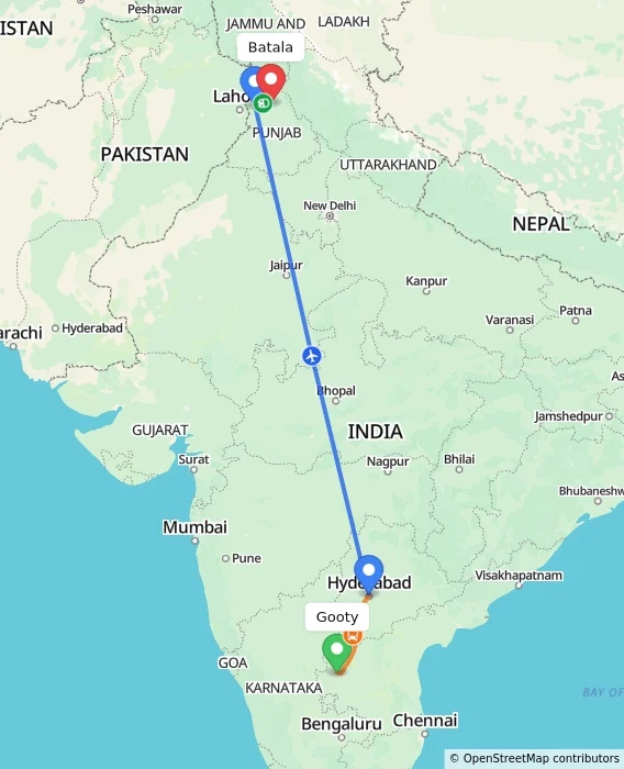 Route map showing distance and travel time from Gooty, India to Batala, India