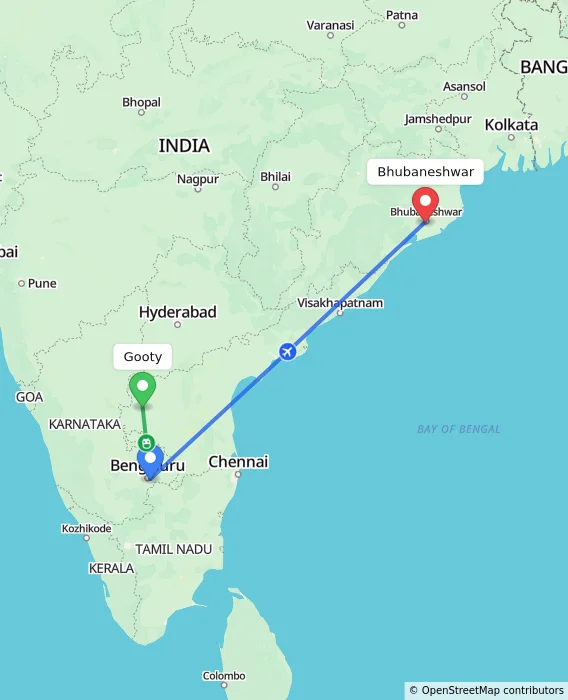 Route map showing distance and travel time from Gooty, India to Bhubaneshwar, India