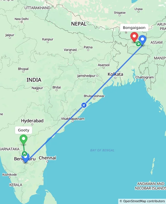 Route map showing distance and travel time from Gooty, India to Bongaigaon, India