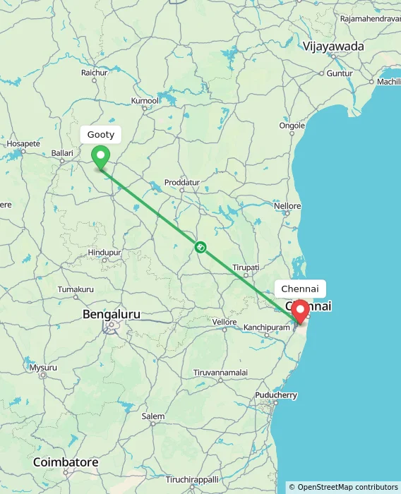 Route map showing distance and travel time from Gooty, India to Chennai, India