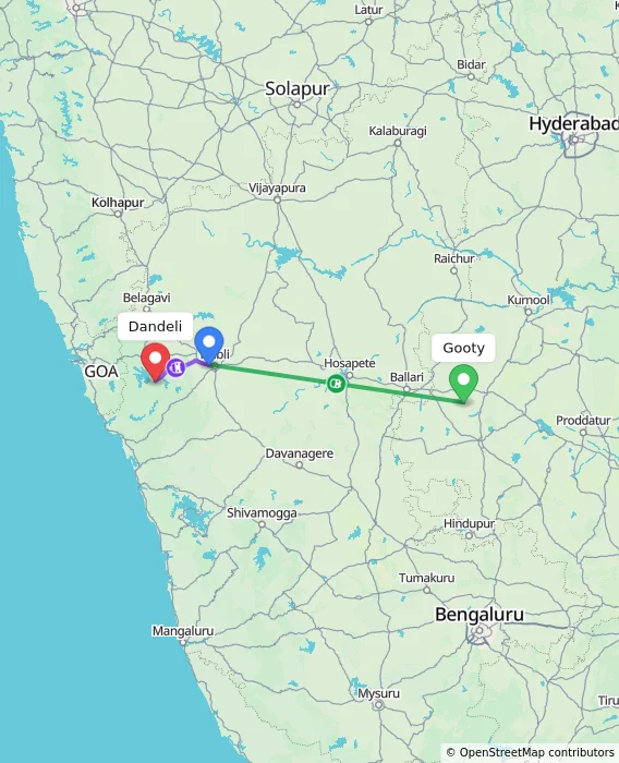 Route map showing distance and travel time from Gooty, India to Dandeli, India