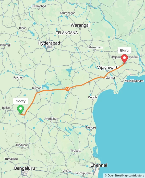 Route map showing distance and travel time from Gooty, India to Eluru, India
