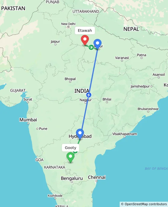 Route map showing distance and travel time from Gooty, India to Etawah, India
