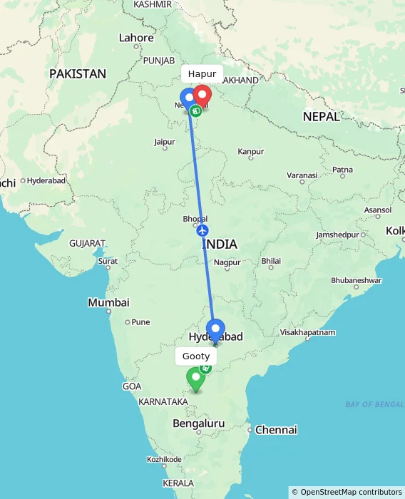 Route map showing distance and travel time from Gooty, India to Hapur, India