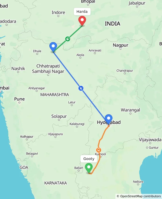 Route map showing distance and travel time from Gooty, India to Harda, India