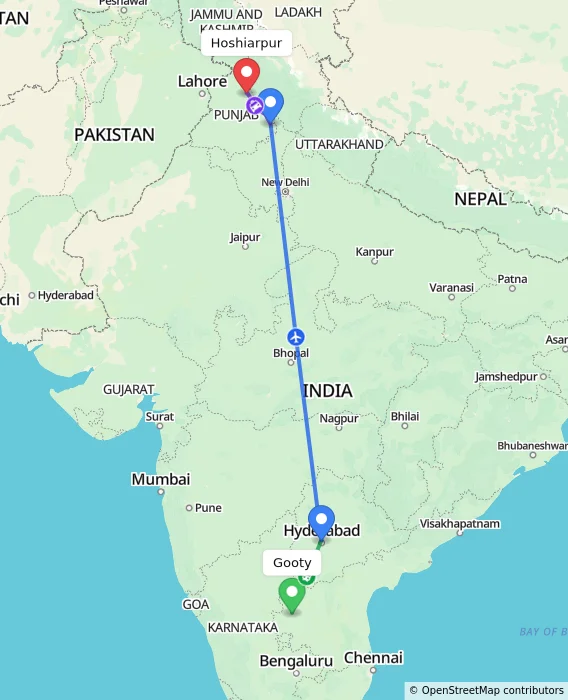 Route map showing distance and travel time from Gooty, India to Hoshiarpur, India