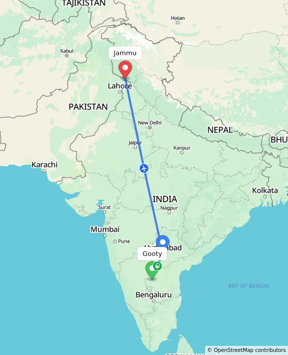 Route map showing distance and travel time from Gooty, India to Jammu, India