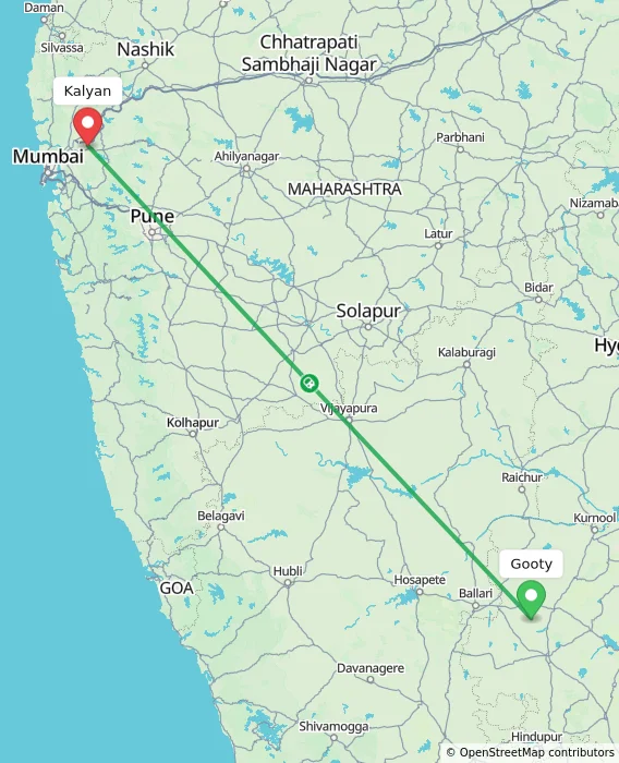 Route map showing distance and travel time from Gooty, India to Kalyan, India