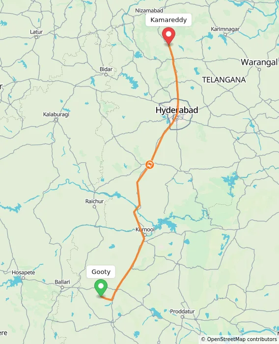 Route map showing distance and travel time from Gooty, India to Kamareddy, India