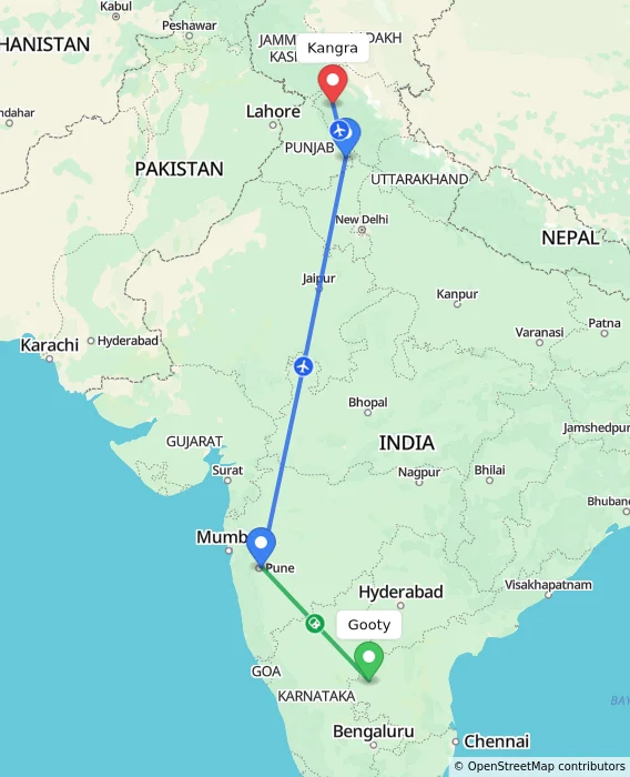 Route map showing distance and travel time from Gooty, India to Kangra, India