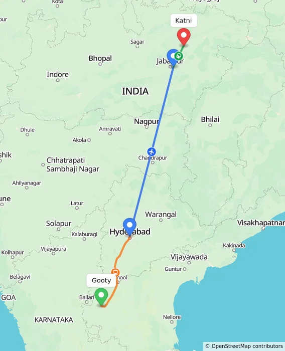 Route map showing distance and travel time from Gooty, India to Katni, India
