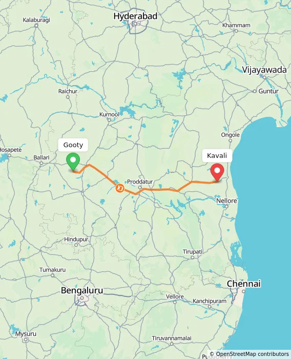 Route map showing distance and travel time from Gooty, India to Kavali, India