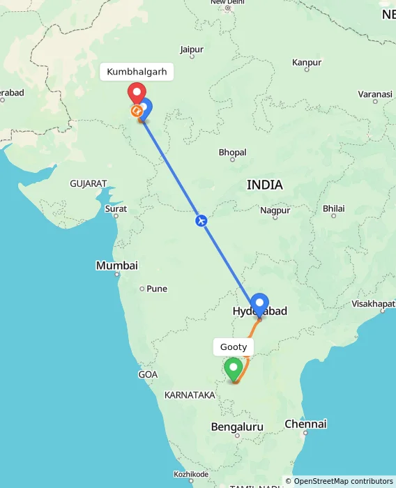 Route map showing distance and travel time from Gooty, India to Kumbhalgarh, India