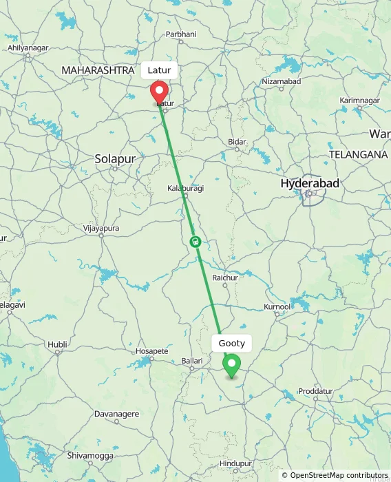 Route map showing distance and travel time from Gooty, India to Latur, India