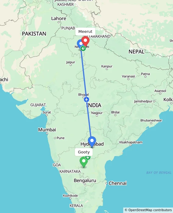 Route map showing distance and travel time from Gooty, India to Meerut, India
