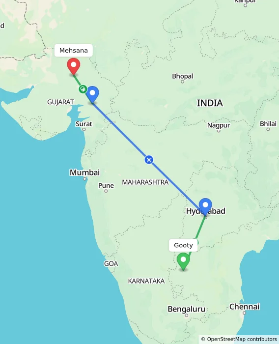Route map showing distance and travel time from Gooty, India to Mehsana, India