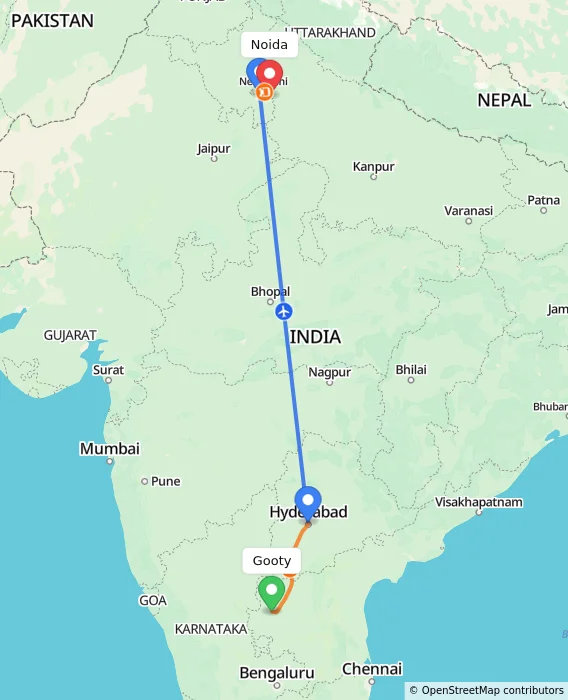 Route map showing distance and travel time from Gooty, India to Noida, India