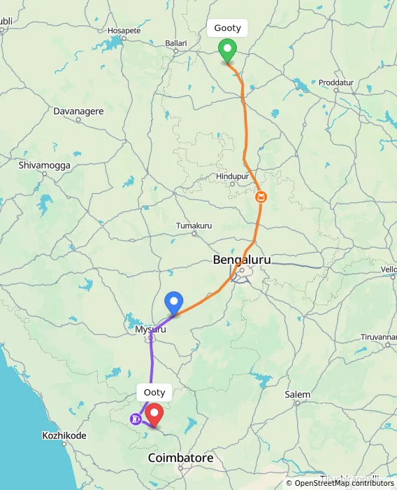 Route map showing distance and travel time from Gooty, India to Ooty, India