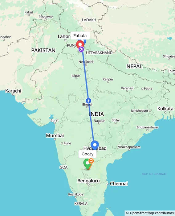 Route map showing distance and travel time from Gooty, India to Patiala, India