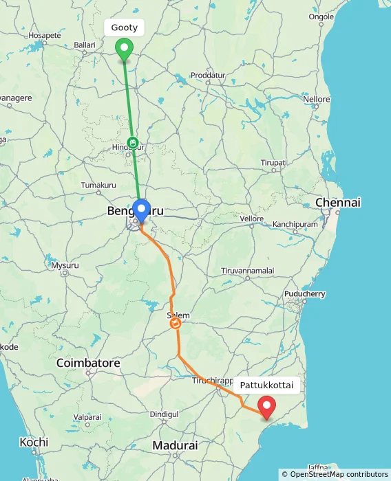 Route map showing distance and travel time from Gooty, India to Pattukkottai, India
