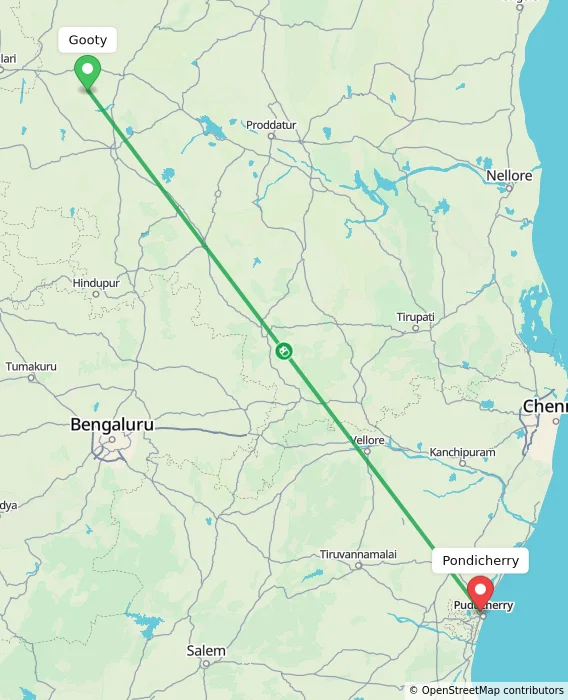 Route map showing distance and travel time from Gooty, India to Pondicherry, India