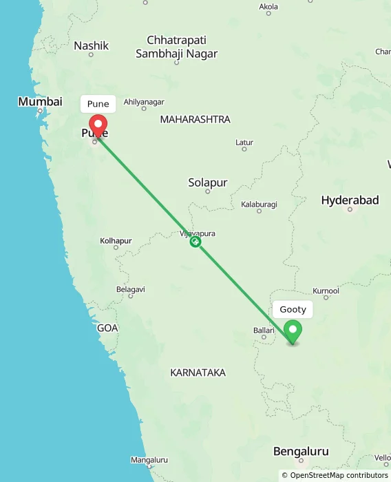 Route map showing distance and travel time from Gooty, India to Pune, India
